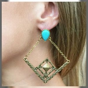 Burnished Goldtone Geometric Turquoise Earrings